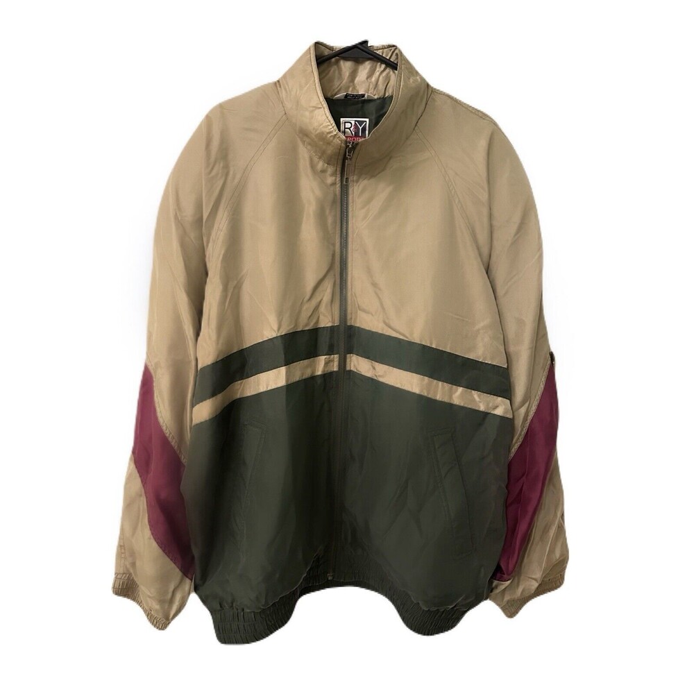 90s Vintage NWT R&Y Sport Mens size XL 100% Silk Track Jacket Tan Green Burgundy